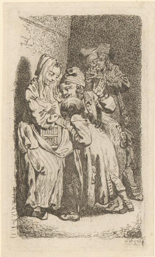 Girl showing her birdcage to children