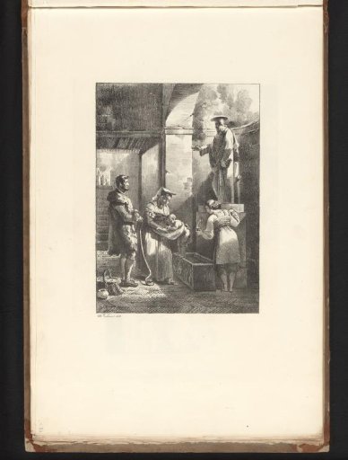 Group of figures drinking at a spring with a statue of a saint