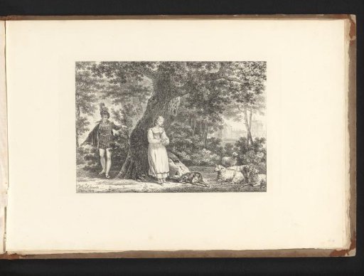 Shepherdess with a flock in the forest
