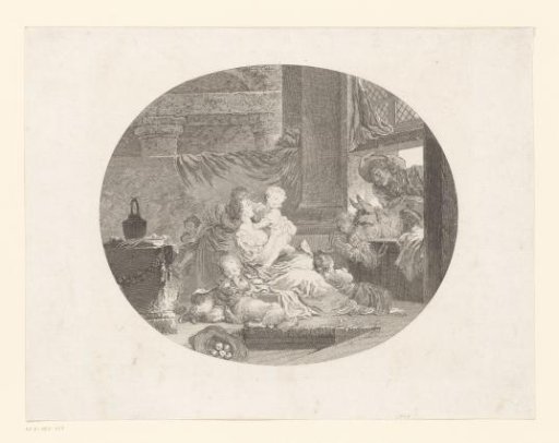 Interior with Family and Man in Window Opening