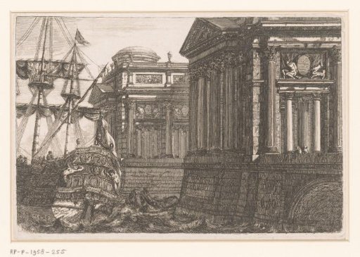 Ship near two ancient buildings