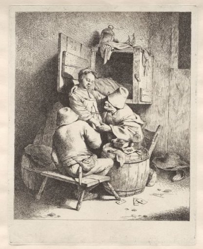 Standing woman seized by man, other man watching in tavern