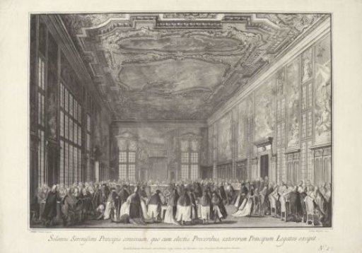 View in a palace hall with foreign delegation receiving an audience with the Doge