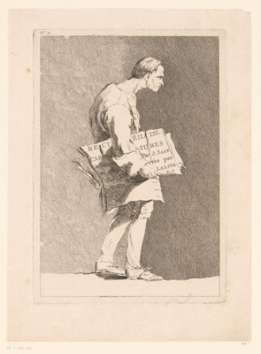 Title page with a hunchbacked man and portfolio under his arm