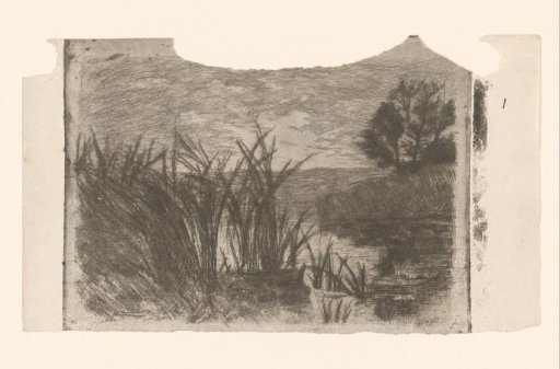 Landscape with water, reeds and rowing boat