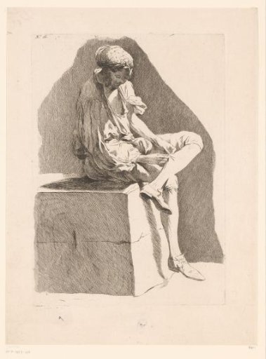 Caricature of a boy sewing his stocking