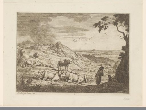 Landscape with resting buffaloes and shepherds