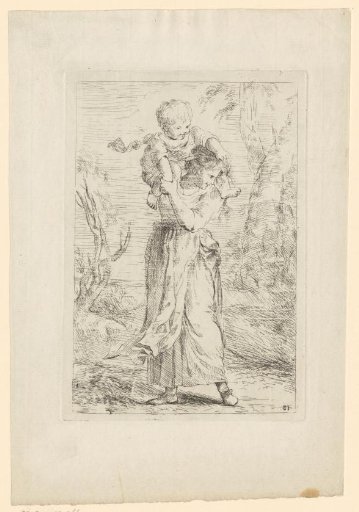 Woman with child on her shoulders
