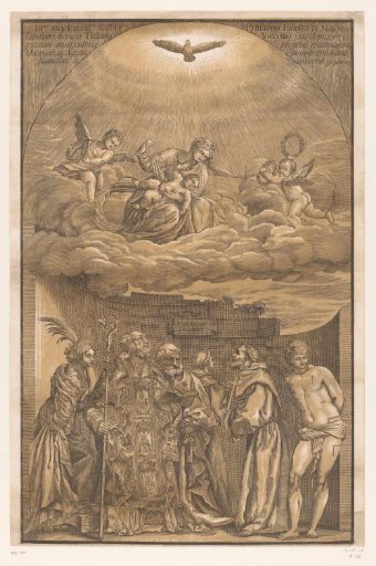 Mary in the clouds and six saints