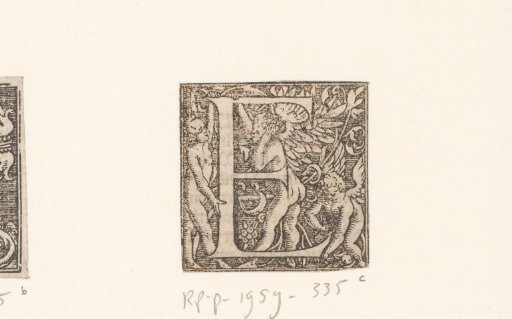 Decorated Letter E with Three Playing Putti