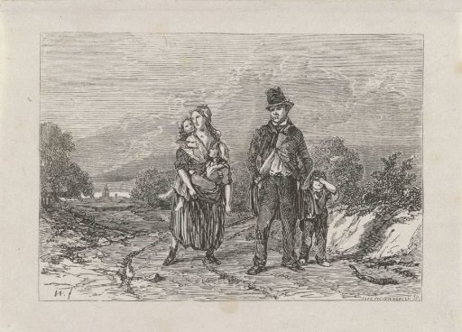 Poor family walking on a country road
