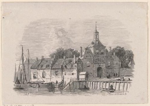 City view with a city gate on the water