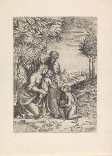 Holy Family and the young John the Baptist by a palm tree