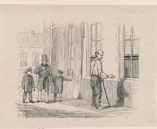 Father with two children pointing at a beggar on the street