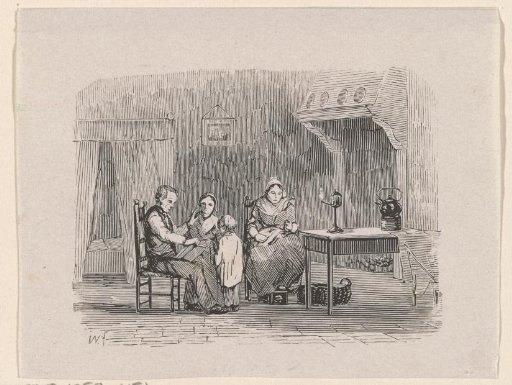 Interior with a father reading to his family