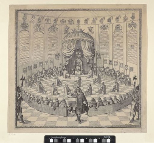 Interior of the Chapter Hall of the Cathedral of Cambrai with the Enthroned Archbishop Amidst Knights and Dignitaries with Their Coats of Arms