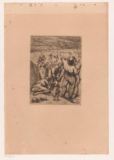 Agricultural workers in a field with hay ricks