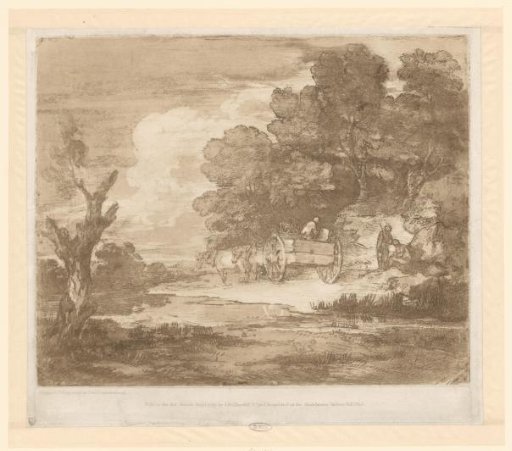 Landscape with a horse-drawn wagon along a waterfront and a forest edge