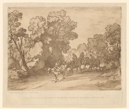 Landscape with four riders on a forest path