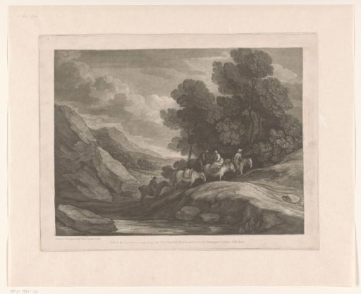 Hilly landscape with four riders and a saddled horse by a stream