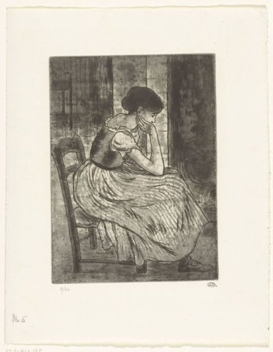 Young woman seated by a fireplace