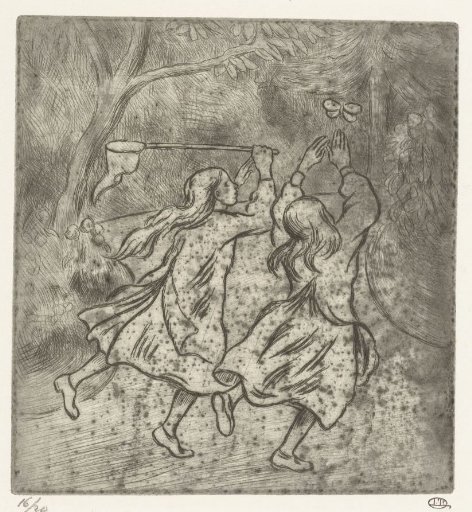 Two girls catching butterflies