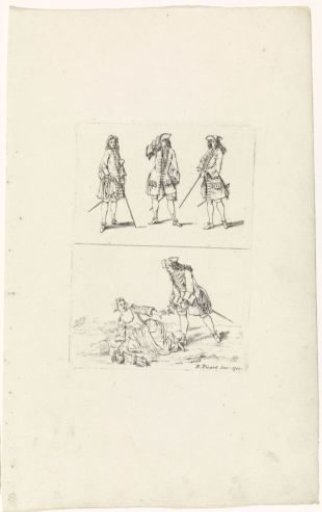 Sheet with various fashionable poses of a man and a man coming to the aid of a woman