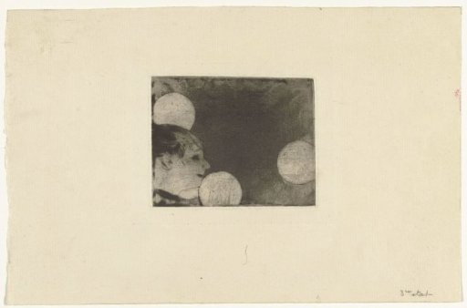 Singer in profile by four gas lamps in a dark setting