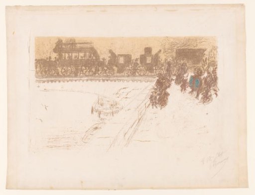 View of carriages and horse trams on the Pont des Arts in Paris