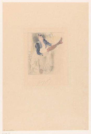Cancan dancer playing guitar on her leg