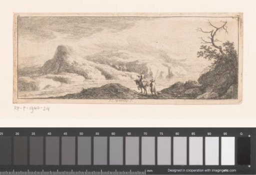 River landscape with rider and pedestrian with dog