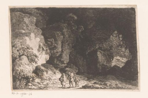 Man, woman and child before an opening in a rock wall