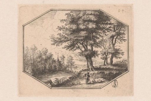 Landscape with shepherd and four sheep by a river