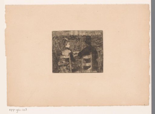 Woman with a fan and a man with a hat seated on a chair in a crowd