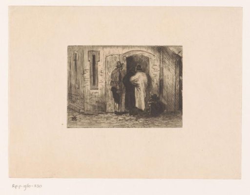 Four men looking through a doorway into a building