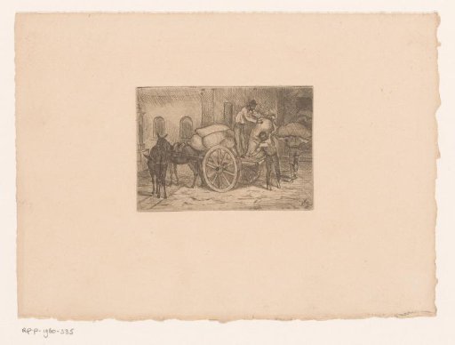 Men unloading sacks from a cart drawn by mules