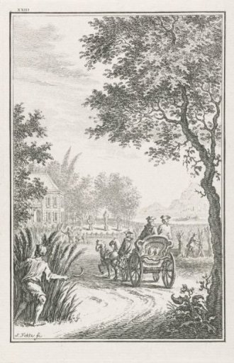 Gentlemen conveyed by carriage in the countryside