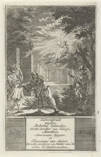 Three figures in a garden
