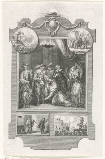 Kneeling woman among a group of nobles and Chinese