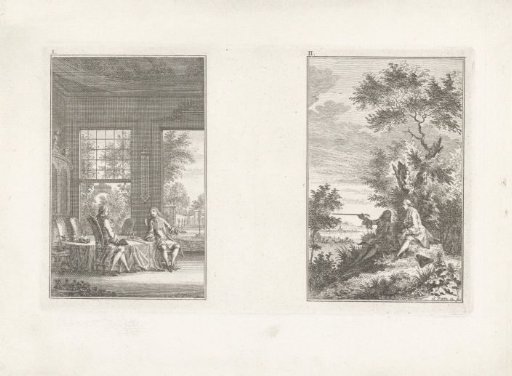 Two gentlemen in a room, and two gentlemen in nature
