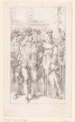 Vignette with a woman surrounded by men