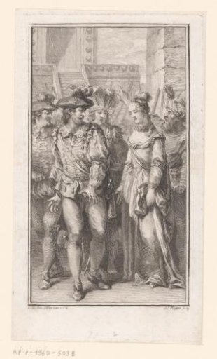 Vignette with a woman surrounded by men