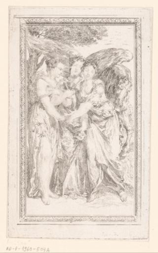 Vignette with three allegorical female figures and Pegasus