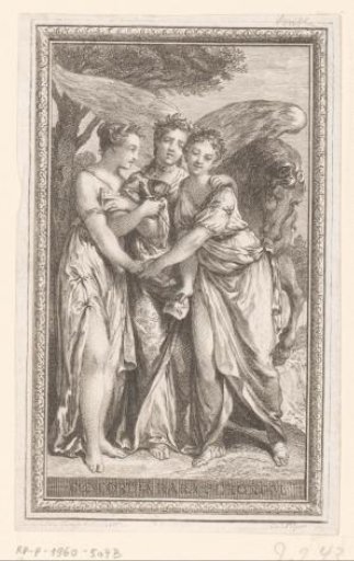 Vignette with three allegorical female figures and Pegasus