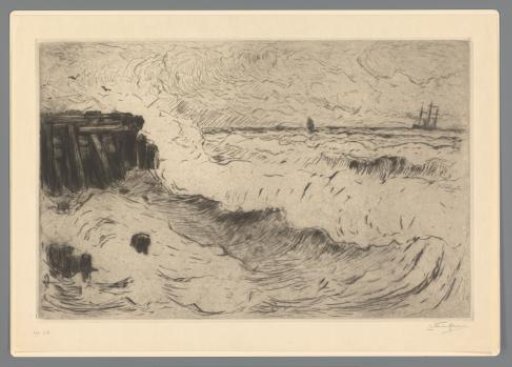 Rough sea with a sailing ship near a pier
