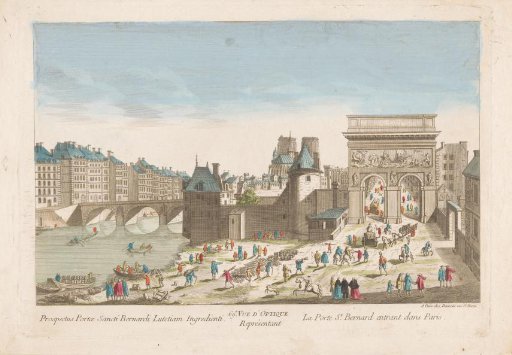 View of the Porte Saint-Bernard and the Pont de la Tournelle over the River Seine in Paris