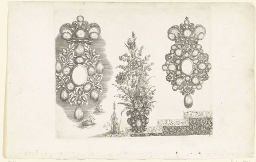 Two brooches and a vase