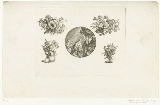 Clock case between bouquets and flower vases