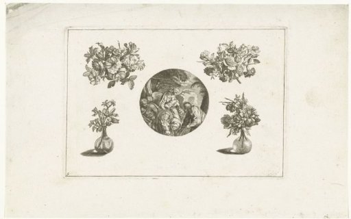 Clock case between bouquets and flower vases