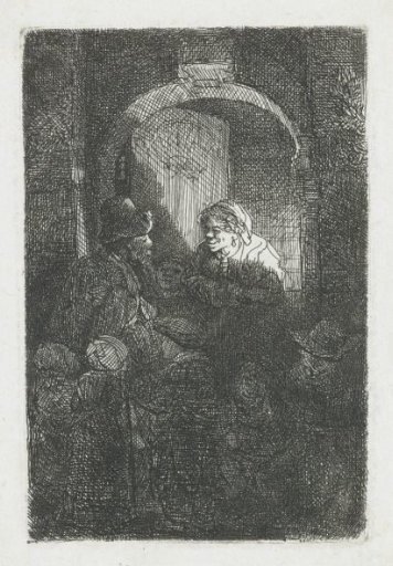A hurdy-gurdy player followed by children at the door of a house